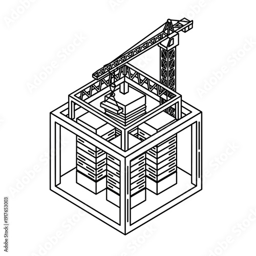 3D printer wireframe illustration with robotic arm and layered object.