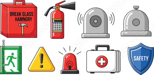 Fire safety and emergency prevention equipment set with fire extinguisher, alarm, first aid kit and exit sign on white background.