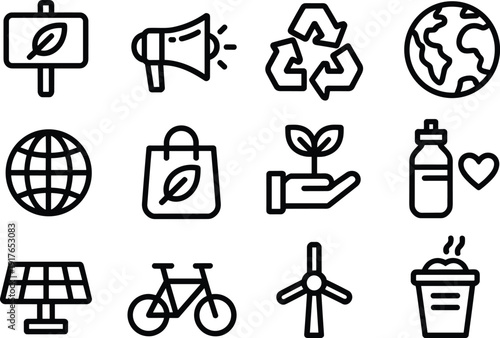 Eco sustainability line icons set, recycling renewable energy global care, green lifestyle symbols, environmental protection outline collection