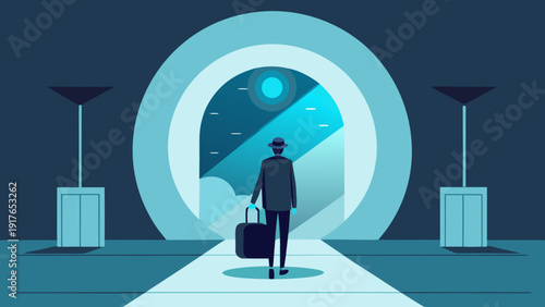 Businessman standing before futuristic portal doorway with glowing circle and abstract landscape in modern flat illustration style