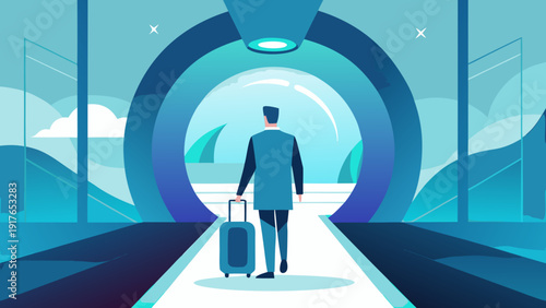 Vector illustration of modern airport lounge designed like high end clinic with futuristic interior and businessman traveler walking with suitcase