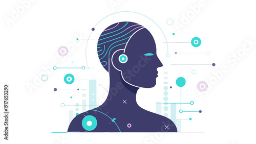 Abstract human head silhouette with digital brain connections and data nodes in modern flat illustration style