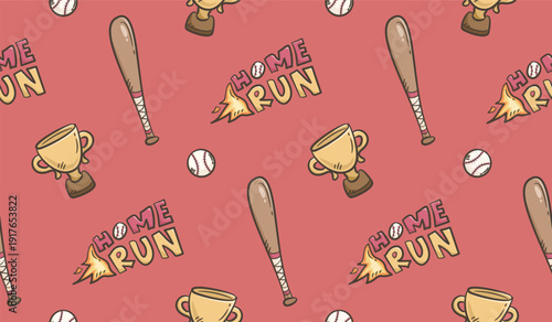 Baseball doodle background. Baseball equipment pattern background. Cute baseball seamless pattern for kids. Softball Sport hand drawn seamless pattern with bat, trophy, home run, ball.