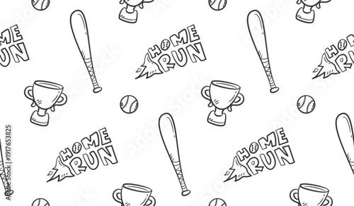 Baseball doodle background. Baseball equipment pattern background. Cute baseball seamless pattern for kids. Softball Sport hand drawn seamless pattern with bat, trophy, home run, ball.