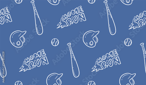 Baseball doodle background. Baseball equipment pattern background. Cute baseball seamless pattern for kids. Softball Sport hand drawn seamless pattern with bat, helmet, home run, ball.
