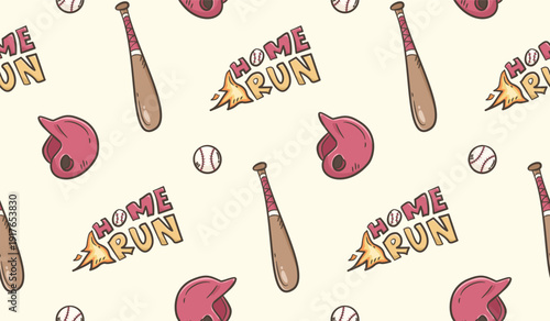 Baseball doodle background. Baseball equipment pattern background. Cute baseball seamless pattern for kids. Softball Sport hand drawn seamless pattern with bat, helmet, home run, ball.