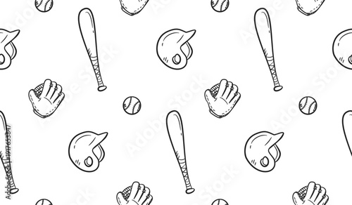 Baseball doodle background. Baseball equipment pattern background. Cute baseball seamless pattern for kids. Softball Sport hand drawn seamless pattern with bat, helmet, glove, ball.