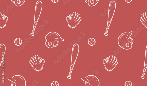 Baseball doodle background. Baseball equipment pattern background. Cute baseball seamless pattern for kids. Softball Sport hand drawn seamless pattern with bat, helmet, glove, ball.