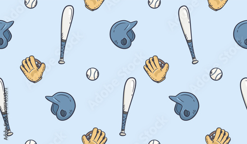 Baseball doodle background. Baseball equipment pattern background. Cute baseball seamless pattern for kids. Softball Sport hand drawn seamless pattern with bat, helmet, glove, ball.