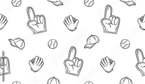 Baseball doodle background. Baseball equipment pattern background. Cute baseball seamless pattern for kids. Softball Sport hand drawn seamless pattern with cap, supporter, glove,  ball.