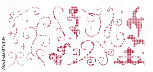 Vintage pixel lace flourishes, swirls, scrolls and corners. Decorative embroidery stitched elements. Elegant vector silhouettes for card, poster, wedding invitation design