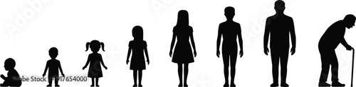 Female life stages silhouette illustration, girl to elderly woman aging progression black vector isolated on white background