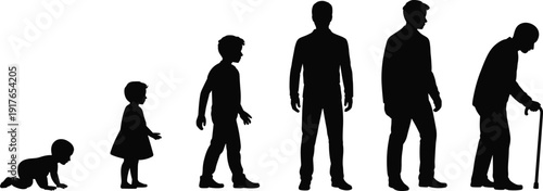 Human life stages silhouette set, baby child teenager adult and elderly aging progression isolated vector illustration on white background