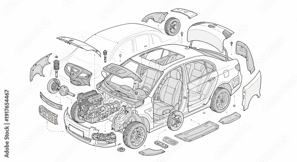 Fototapeta premium Automotive engineering detailed diagram of car parts and assembly