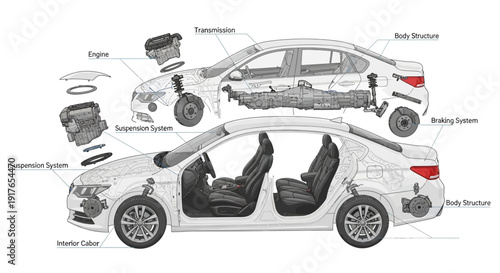 Automotive engineering diagram detailed car anatomy and component breakdown