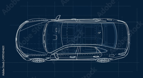 Automobile blueprint overhead view on dark blue background for design and engineering