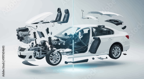 Automobile components illustration showing car parts and engineering concept