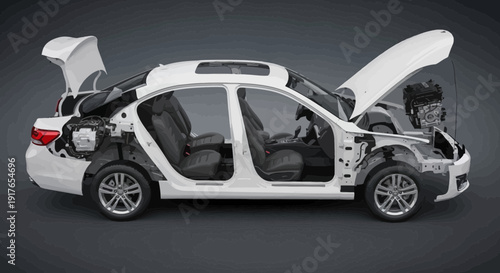 Automobile cross section illustration showing internal mechanics and components