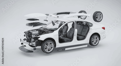 Automobile disassembled view with component parts isolated on white background