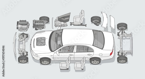 Automobile disassembled view with component parts isolated on gray background