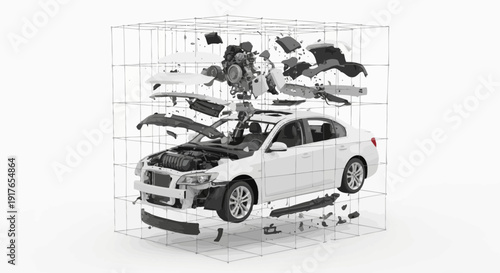 Automobile disassembly exploded view of a white sedan with floating parts