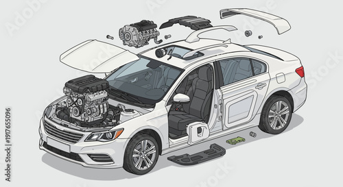 Automobile disassembly illustration white car with exploded mechanical components