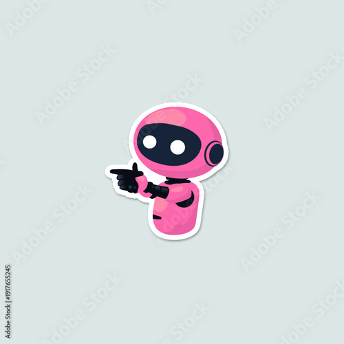 Pink robot mascot in hand guns pose flat vector character