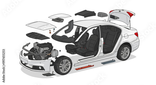 Automobile exploded view illustration showing car parts and components