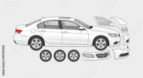 Automobile illustration showing disassembled parts for repair and design