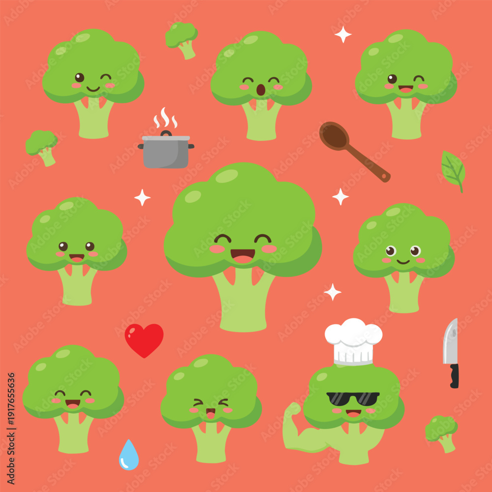 Obraz premium Cute Broccoli Cartoon Character Set Kawaii Vegetable Mascot Collection Healthy Food Flat Vector Illustration Pack