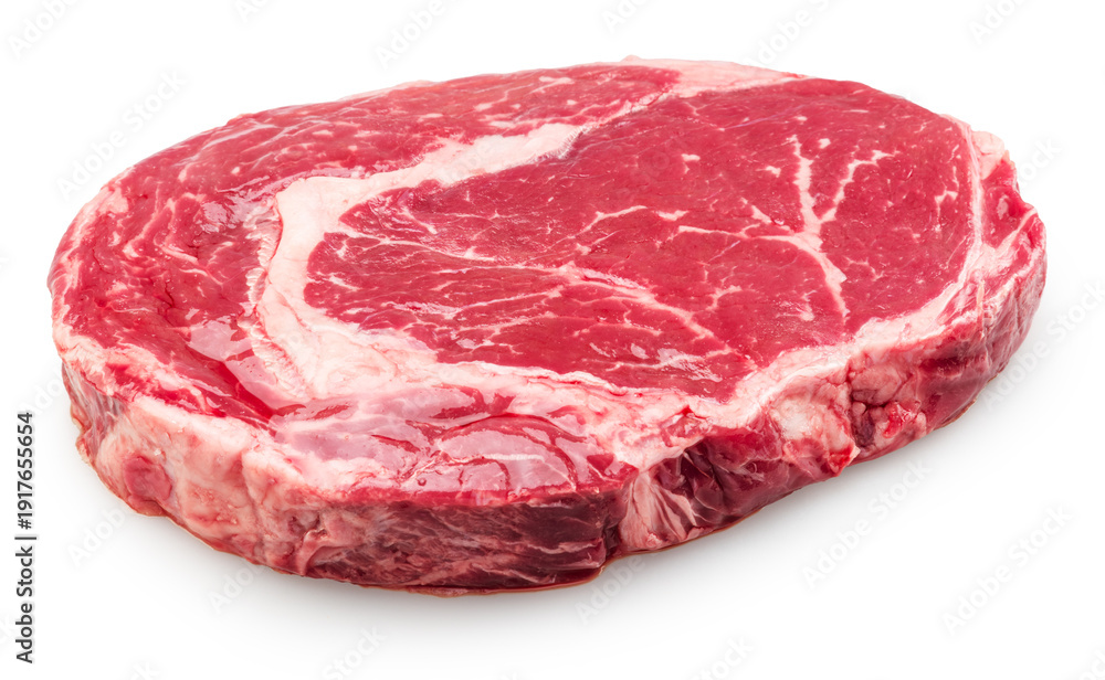 Obraz premium Raw ribeye steak isolated on white background. Top view. Clipping path.