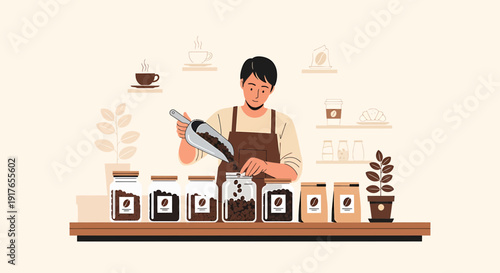 Barista Pouring Coffee Beans from Scoop into Jar at Counter with Bags and Plant