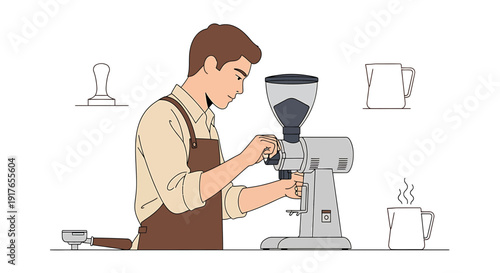 Barista preparing coffee with grinder and espresso machine, illustration