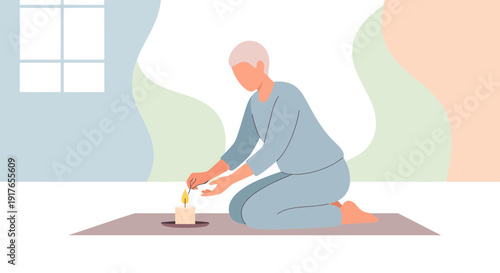 Calm person kneeling and lighting a candle, serene self-care moment, minimalist illustration