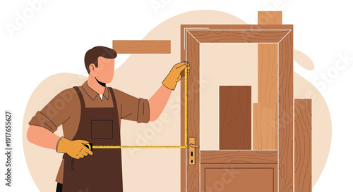 Carpenter Measuring Wooden Door Frame with Tape Measure
