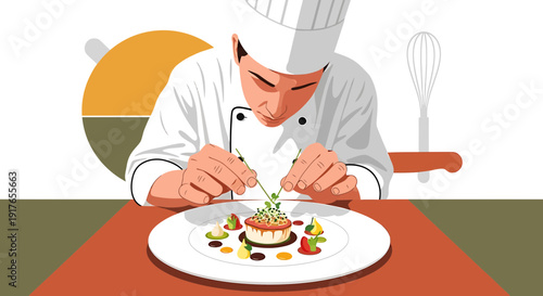 Chef meticulously decorating gourmet dish with fresh herbs, culinary art