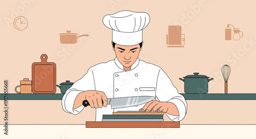Chef Sharpening Knife in Kitchen with Utensils Background