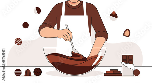 Confectioner making delicious chocolate candies and desserts in a bowl