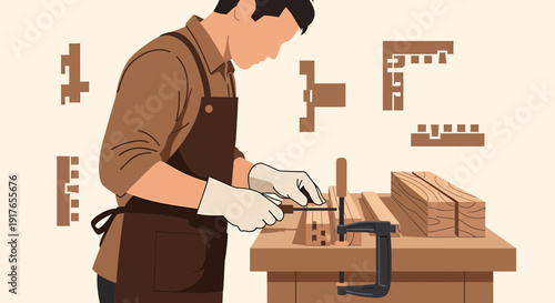 Craftsman working with wood, creating joinery with tools on workbench