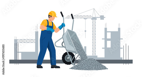 Construction worker with wheelbarrow pouring gravel at building site with cranes