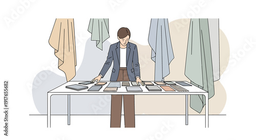 Designer selecting fabric swatches from a table with hanging textiles
