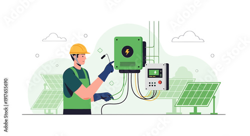 Electrician installing solar power equipment with panels and inverter