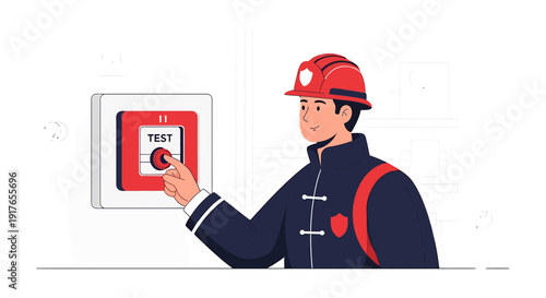 Firefighter pressing emergency alarm button, safety alert system, urgent warning