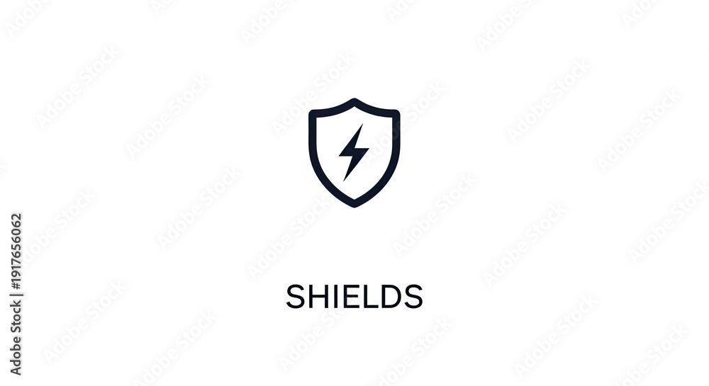 Naklejka premium Minimalist black shield icon with a lightning bolt symbol inside and text shields below isolated on a white background for a digital interface or security concept