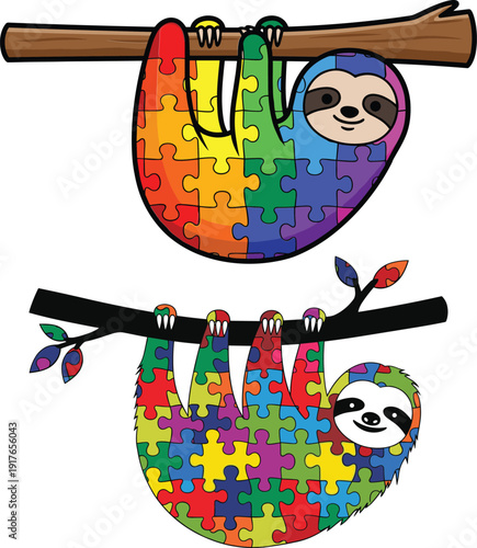 Autism Awareness Sloth Puzzle Colorful Vector Illustration