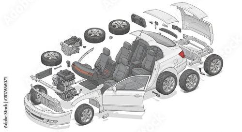 Automotive disassembly exploded view illustration of a modern car