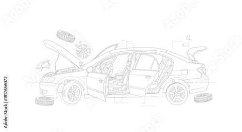 Automotive disassembly illustration showing parts of a vehicle isolated on white