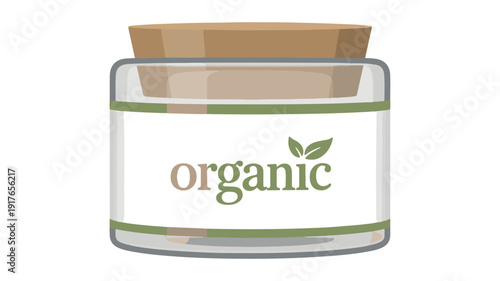 A clean vector illustration of a transparent glass jar with a cork lid, featuring an 'organic' label for natural products