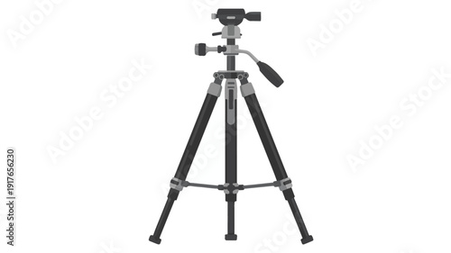 Clean vector illustration of a modern photography tripod, designed for stable camera support, isolated on a white background, perfect for professionals and enthusiasts