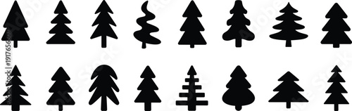 Pine tree silhouette set, black evergreen forest icons collection isolated on white background for logo design and decoration